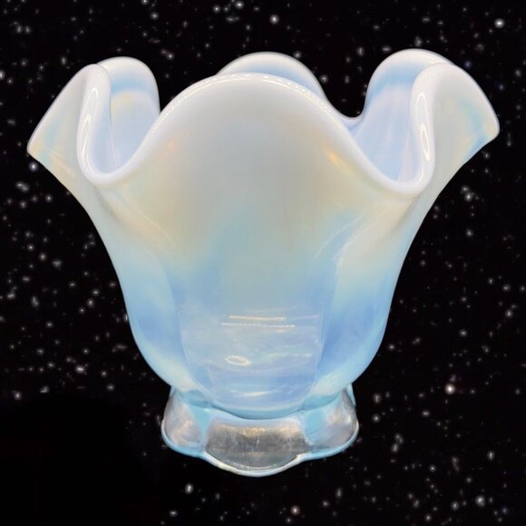 Duncan & Miller Other - Duncan Miller Glass Canterbury Blue Opalescent Crimped Flared Vase Vintage 4”T